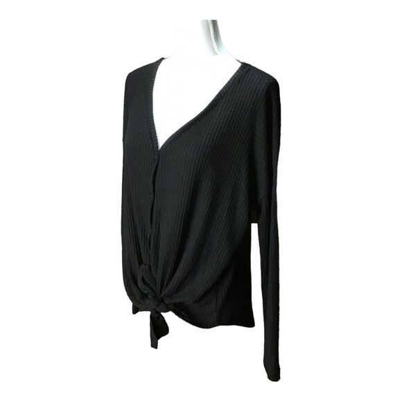 Gibson Women’s Small Black Thermal Waffle Knit V-Neck Button Tie Front Top - Picture 3 of 16
